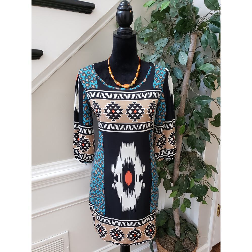 Jay Fit & Flare Dress Women's Small Black White Geometric Round Neck Long Sleeve
